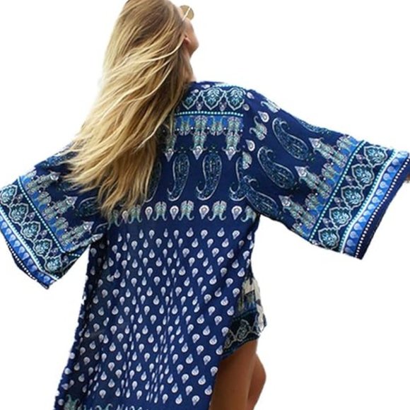 Maxi Kimono Cardigan beach cover up paisley print one size women navy blue boho - Picture 1 of 7